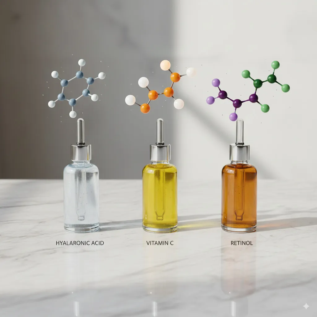 An elegant depiction of pipettes with various serums or symbolic molecular structures for hyaluronic acid, Vitamin C, and retinol.