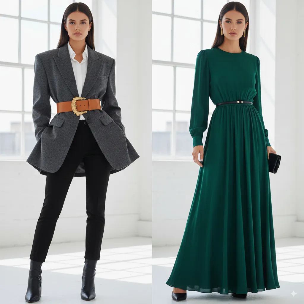A high-quality leather belt worn over an oversized blazer to elegantly accentuate the waist, juxtaposed with a narrow belt over a flowing dress.