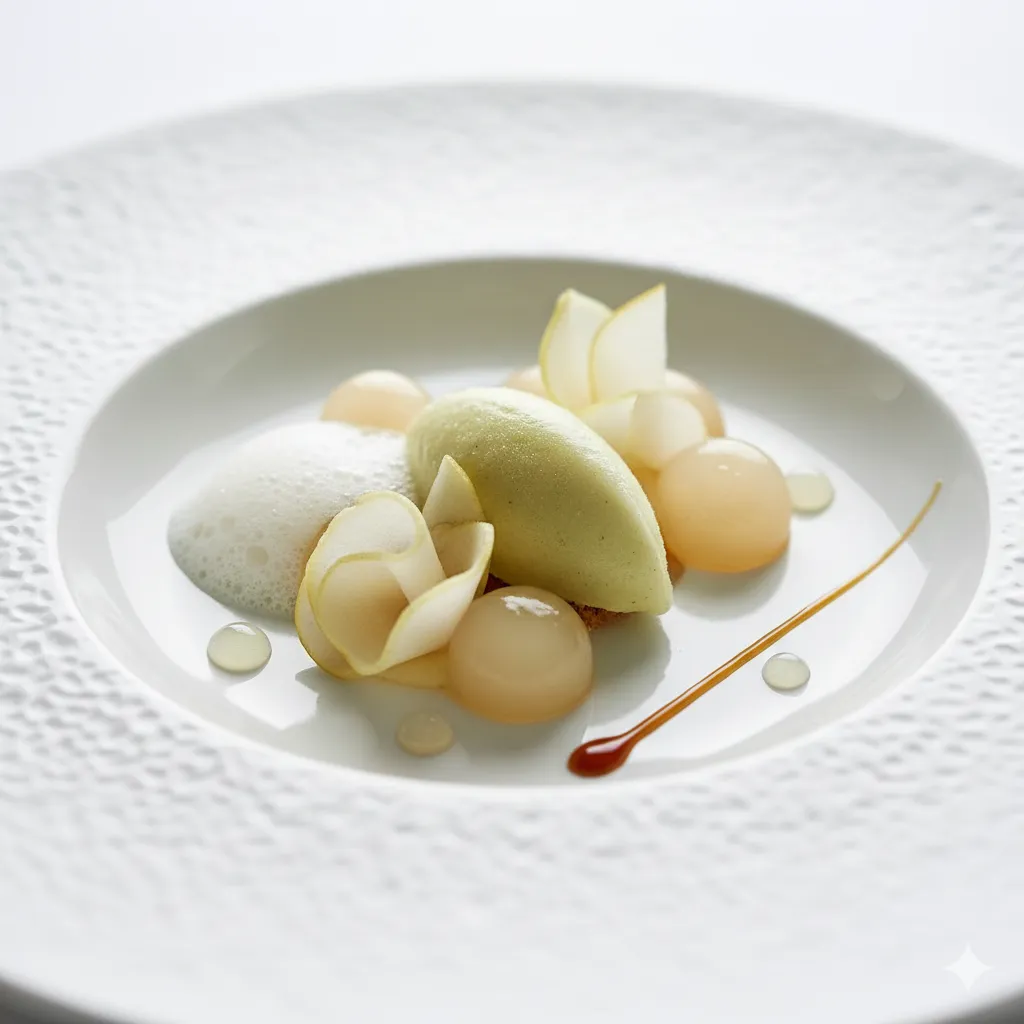 An artistic dessert with pear elements, lychee, white tea, and salted caramel.
