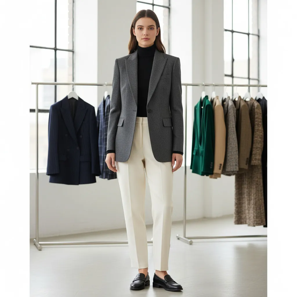 A person wearing a perfectly fitting blazer that completes the outfit. In the background, different blazer fabrics and cuts could be hinted at.