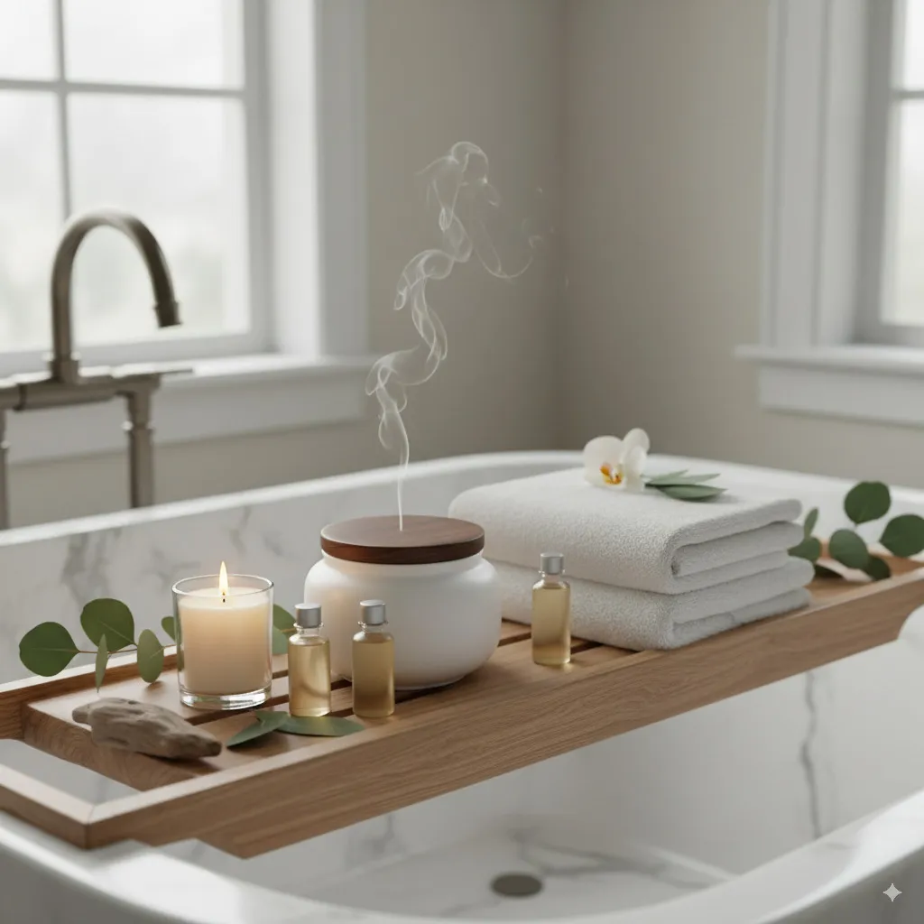 An aesthetic arrangement of luxurious bath accessories, a burning scented candle, fluffy towels, and high-quality care oils or creams.