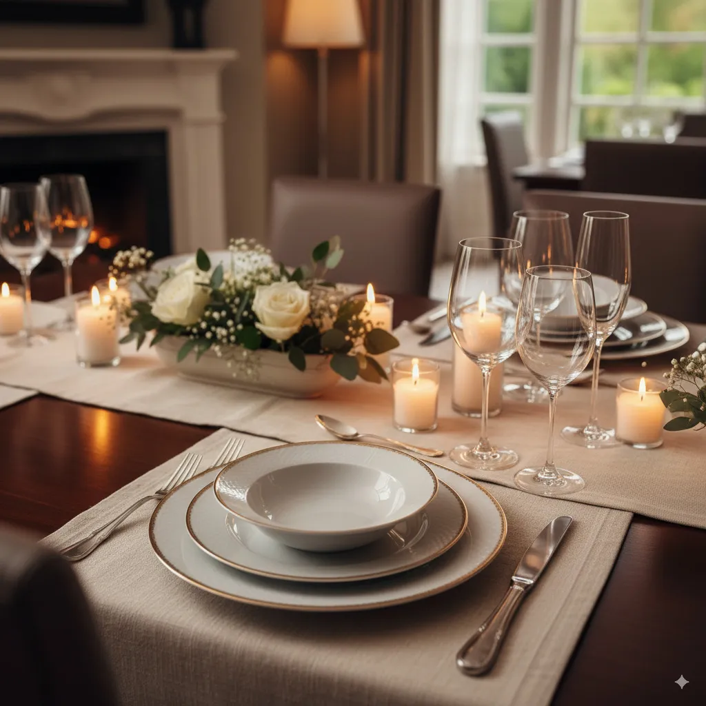 A stunning centerpiece of fresh flowers and candles on an elegantly set table, creating a warm and inviting atmosphere.