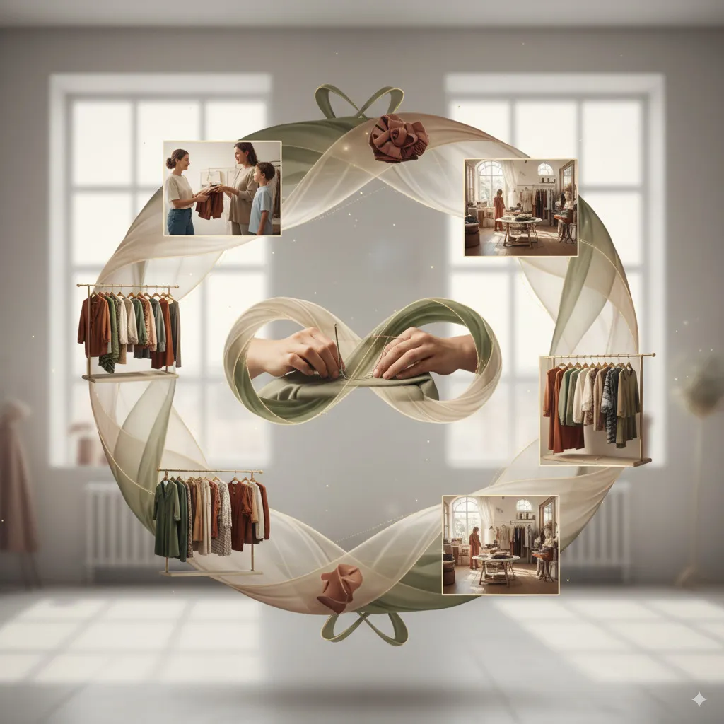 A symbolic image illustrating the circular fashion economy: garments being repaired, passed on, and recycled in a continuous, elegant loop.