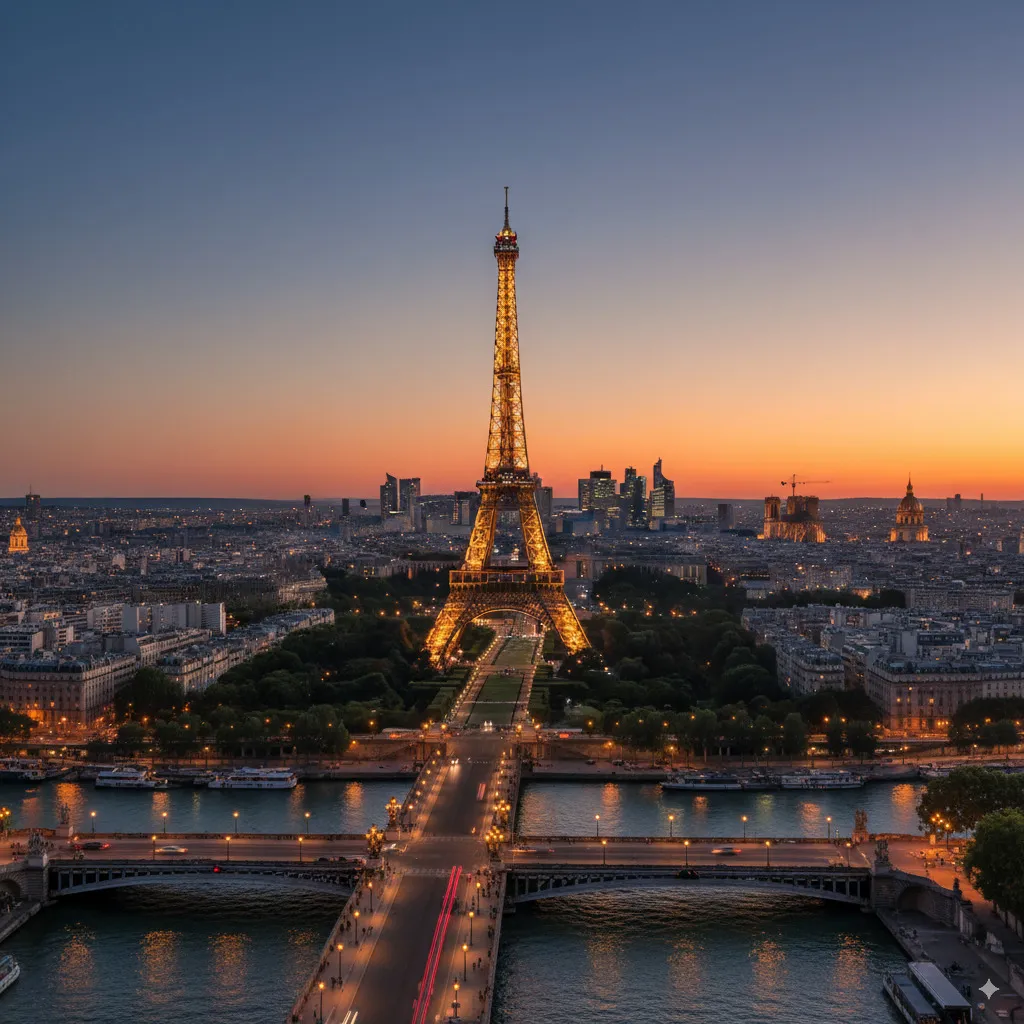 An iconic view of Paris, with the Eiffel Tower illuminated against a twilight sky, capturing the city's romantic atmosphere.