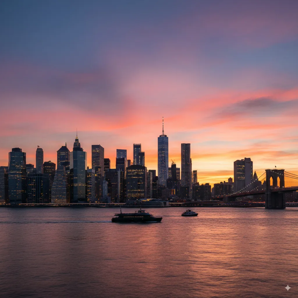 The iconic skyline of Manhattan at sunset, viewed from across the water, showcasing its towering architecture.