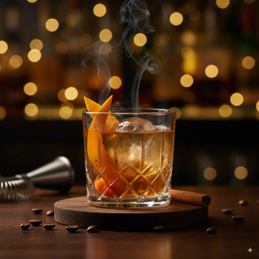 An artfully prepared cocktail in an elegant glass, perfectly garnished, against an appealing bar backdrop or a stylish background.