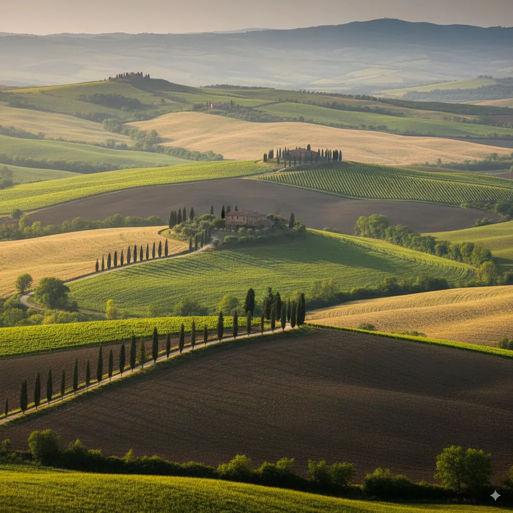 A breathtaking landscape shot of Tuscany, capturing its typical atmosphere and beauty with rolling hills, cypress trees, and vineyards.