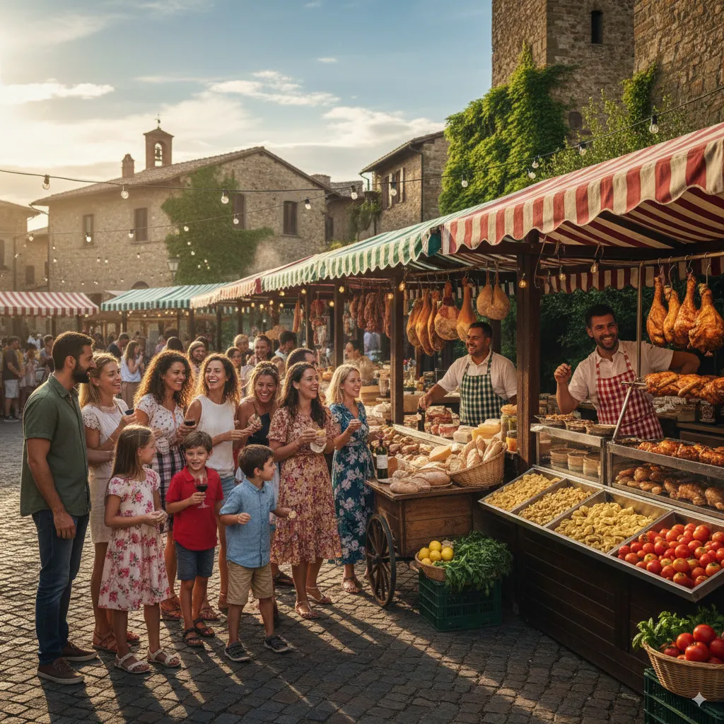 A vibrant shot of a typical market or a street food scene in Tuscany.