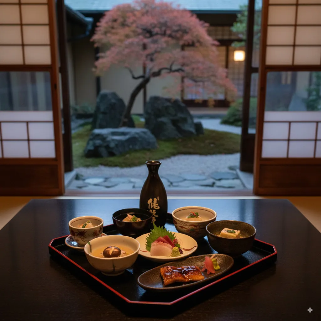 An image capturing the essence of Kyoto and its cuisine, e.g., a traditional Japanese restaurant, an artfully arranged Kaiseki menu, or a serene Zen garden.
