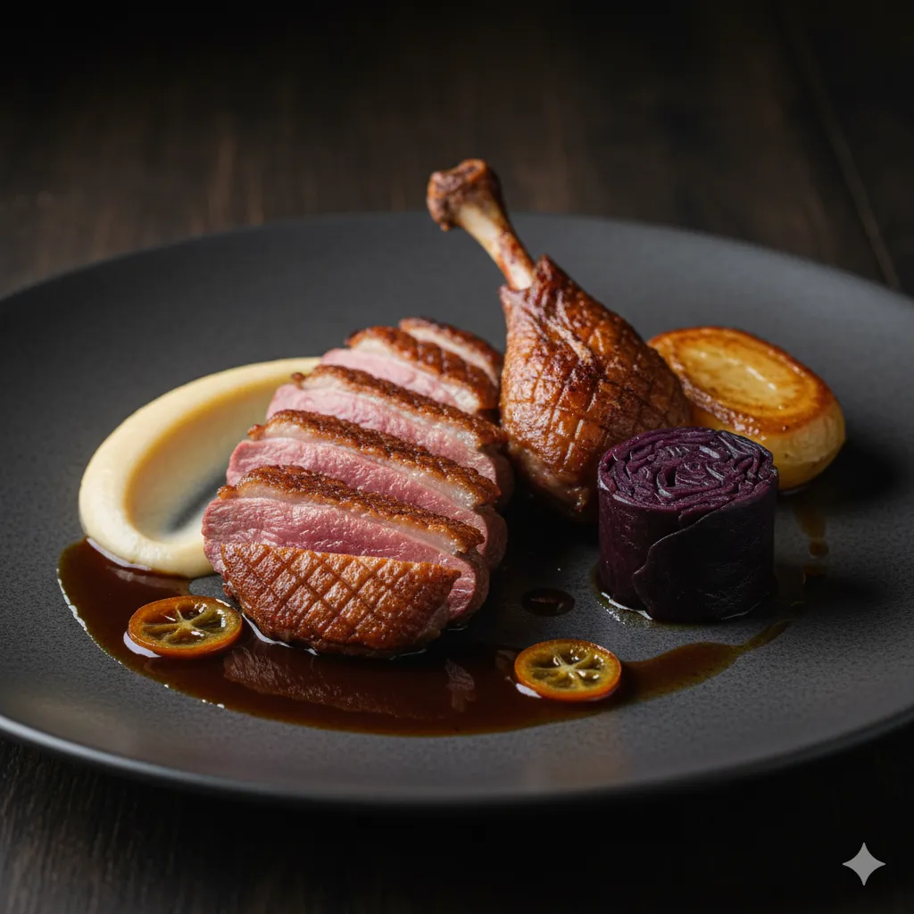 Perfectly seared duck breast and confit leg with Jerusalem artichoke purée and red cabbage rolls.