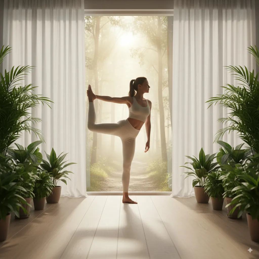 A person in an elegant yoga pose in a light-filled, calm environment, or a silhouette on a mindful walk in an inspiring natural setting.