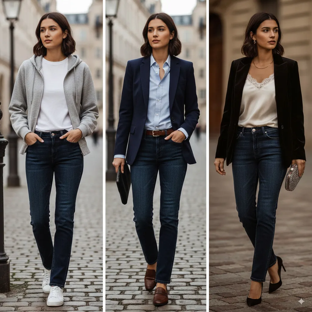 A style triptych showing the same dark-wash jeans styled three ways: casually with sneakers, office-ready with a blazer and loafers, and elegant for evening with a silk top and heels.