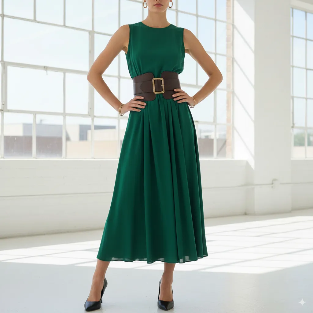 A woman in a perfectly balanced outfit, using a wide belt over a dress to define her waist and create an elegant, flattering hourglass silhouette.