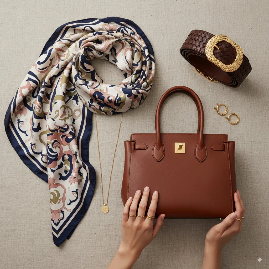 An artfully arranged flatlay of high-quality accessories: an elegant leather bag, a printed silk scarf, delicate gold jewelry, and a statement belt.