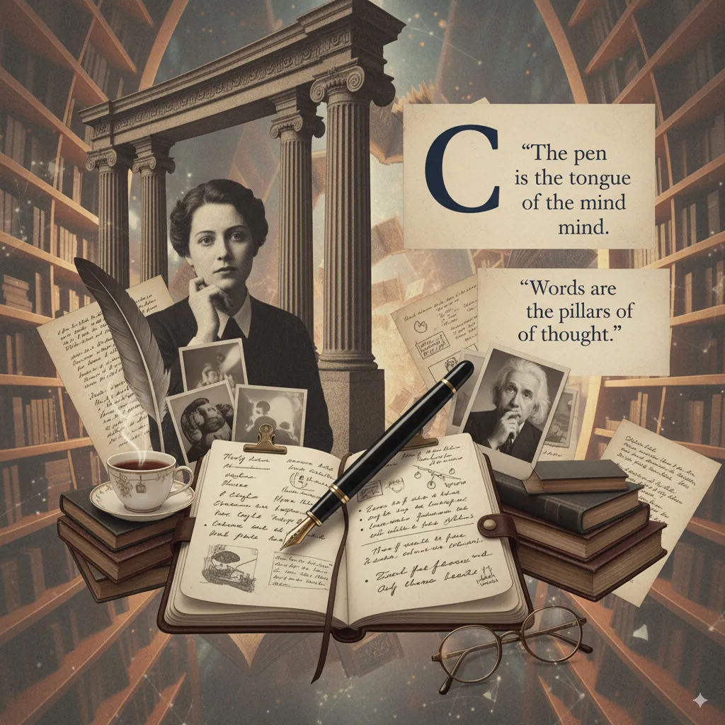 A stylish and intellectual-looking collage hinting at the concept of columns: perhaps an elegant fountain pen over a notebook, a person in a thoughtful pose, quotes, or typographic elements.