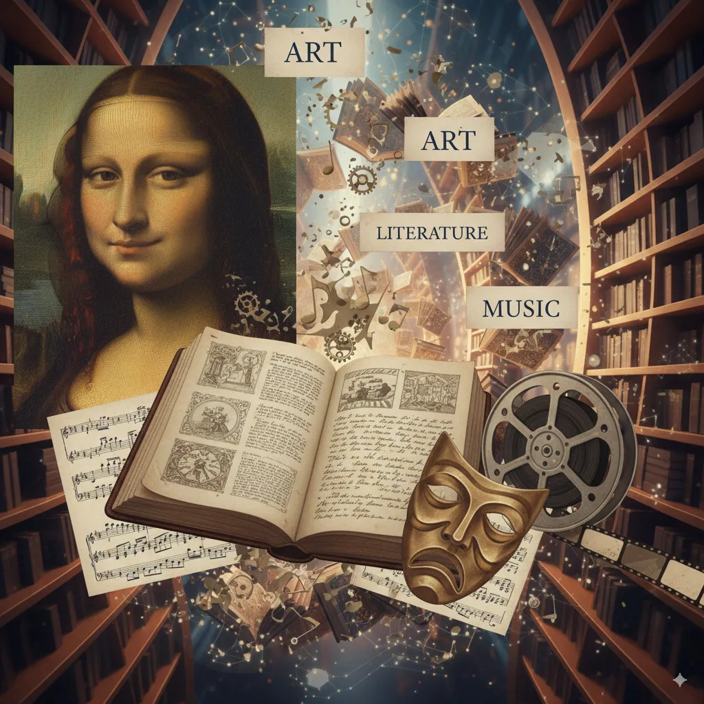 An elegant and inspiring collage hinting at various cultural fields: a detail of a work of art, an open book, sheet music, a theater mask, a film reel.