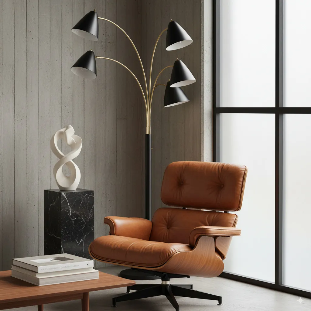 An elegant composition of various design objects: perhaps a detail of an iconic armchair, a special lamp, and a sculptural decorative object, which together convey a sophisticated aesthetic.
