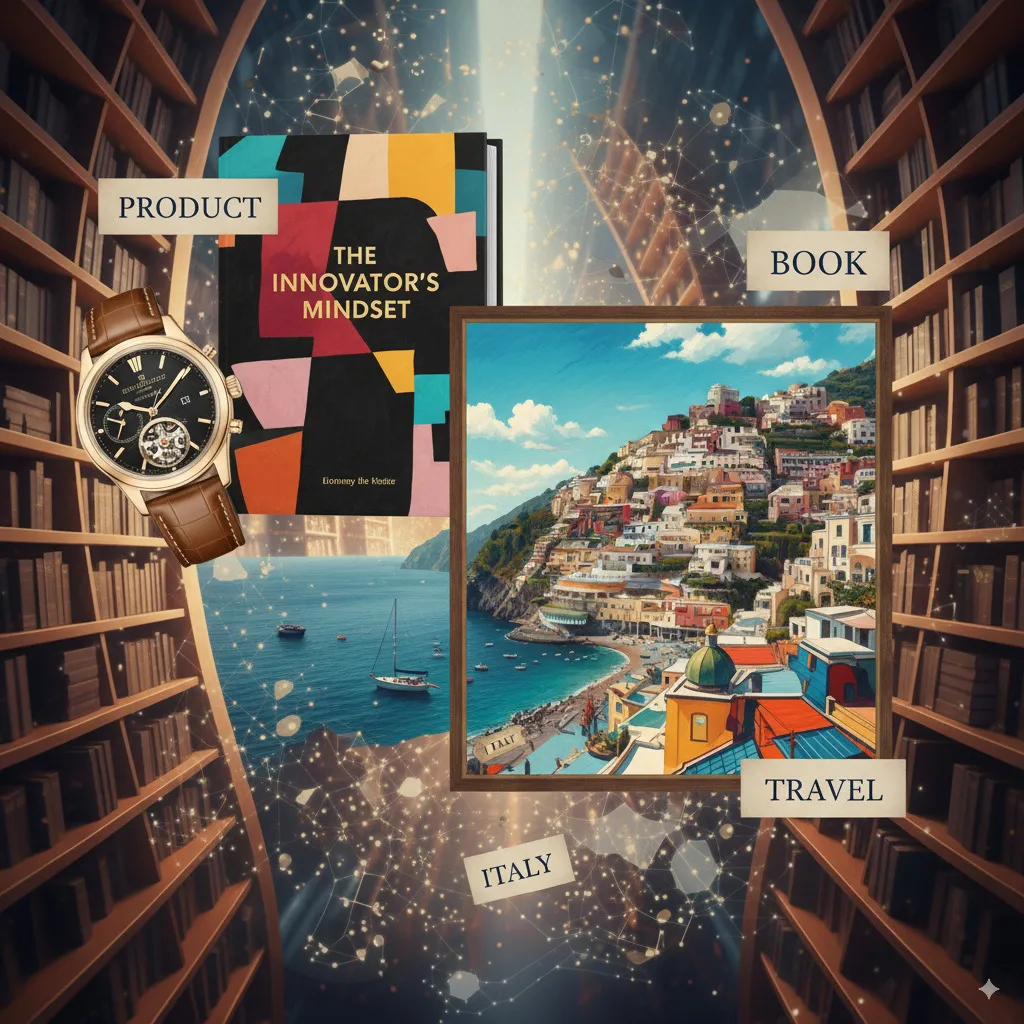 A stylish and appealing collage hinting at different types of Editor's Picks: a detail of a high-quality product, an inspiring book cover, a snippet of an artwork, a special travel destination.
