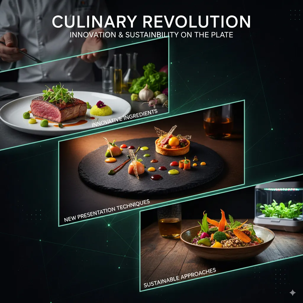 A dynamic and aesthetic collage hinting at various modern food concepts—perhaps innovative ingredients, new presentation techniques, or sustainable approaches.