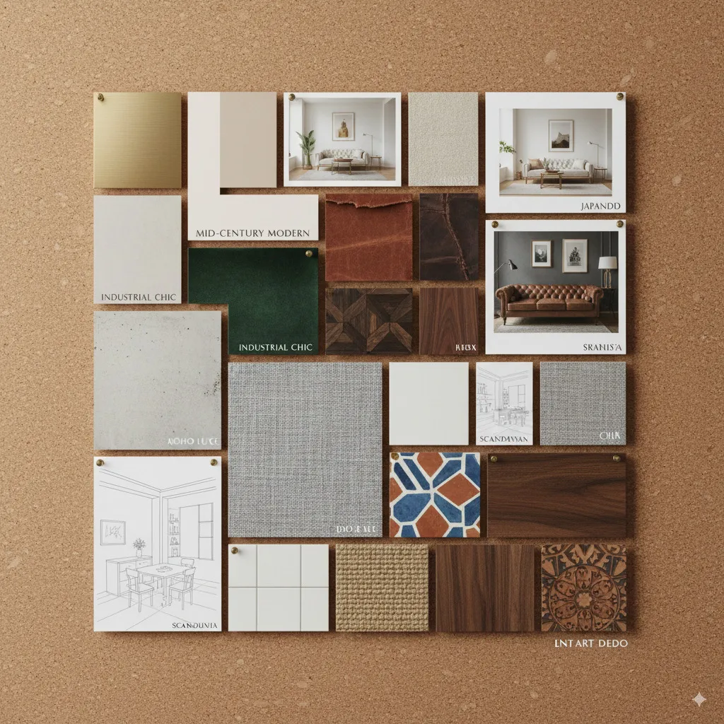 An elegant collage or an inspiring mood board hinting at various textures, color palettes, and key elements of different interior styles.