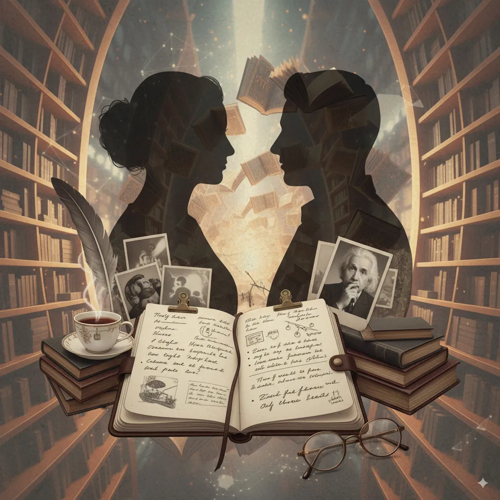 A stylish and intellectual-looking collage hinting at various aspects of interviews: perhaps a silhouette of two people in conversation, a notebook with handwritten notes, an iconic portrait of an inspiring personality.