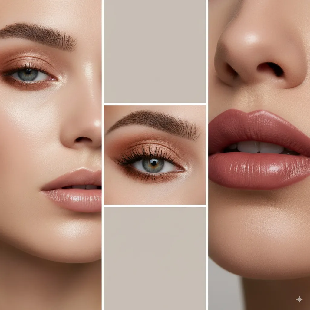 An artistic collage showing various facets of current makeup trends—a close-up of perfected skin, a detail of artfully applied eye makeup, and a focus on elegant lips.
