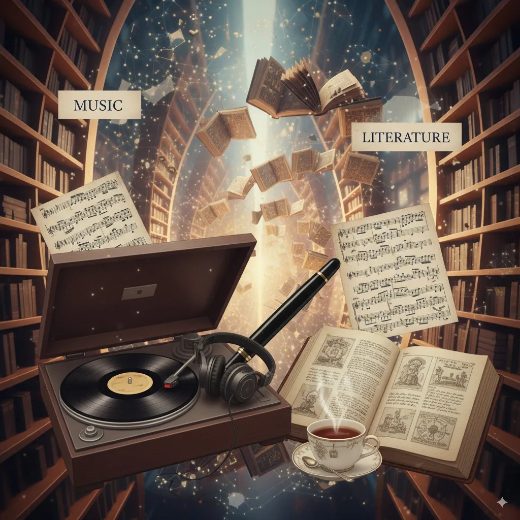 A stylish and atmospheric collage hinting at music and literature: perhaps a turntable with a vinyl record, an open book next to a cup of tea, headphones, sheet music.