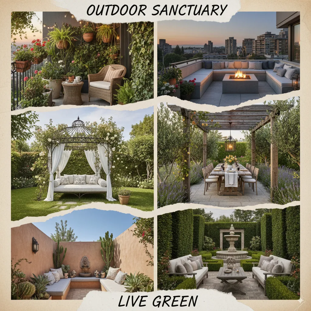 An inspiring collage or mood board showcasing various stylishly designed outdoor areas—from a cozy balcony with many plants to an elegant garden with a seating area.