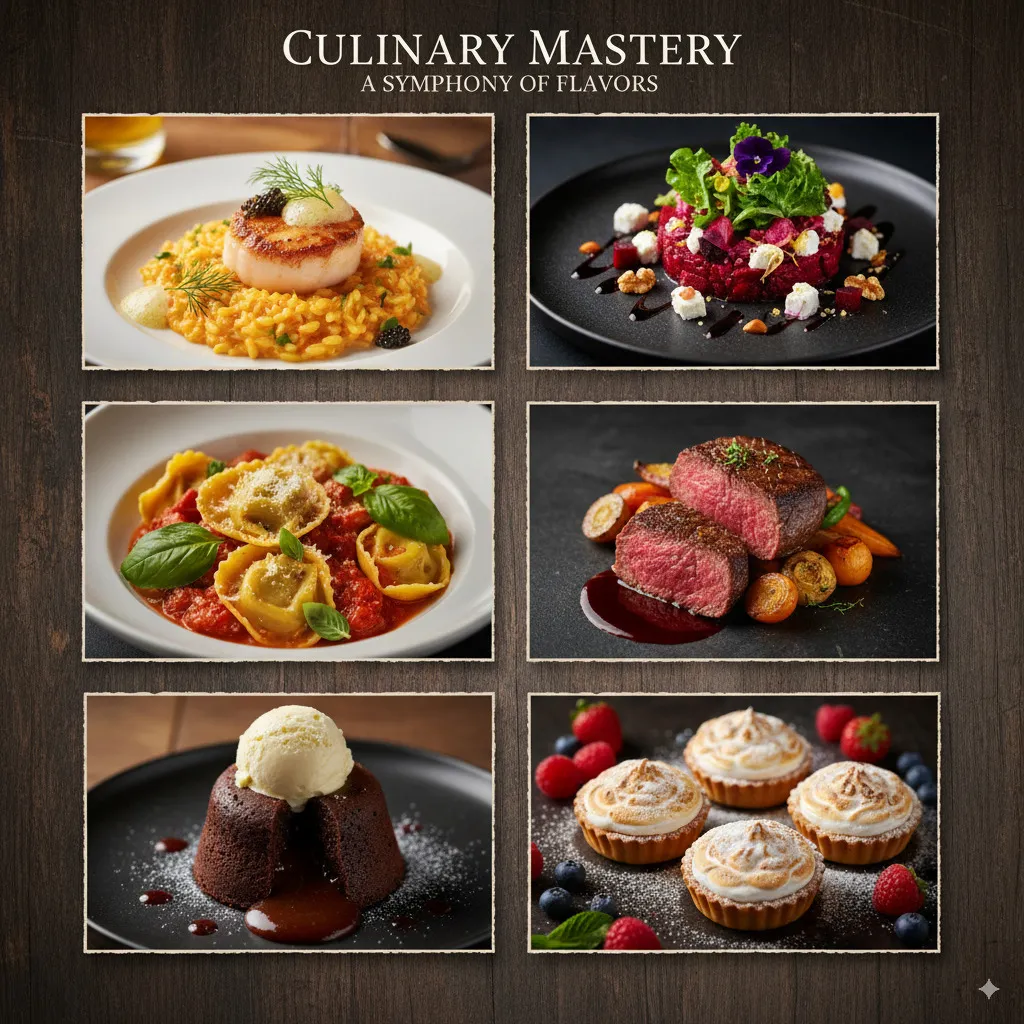 An artfully staged and appetizing collage of exquisite dishes that impressively reflects the culinary diversity and superb quality of the recipes behind them—from a refined main course to a tempting dessert creation.