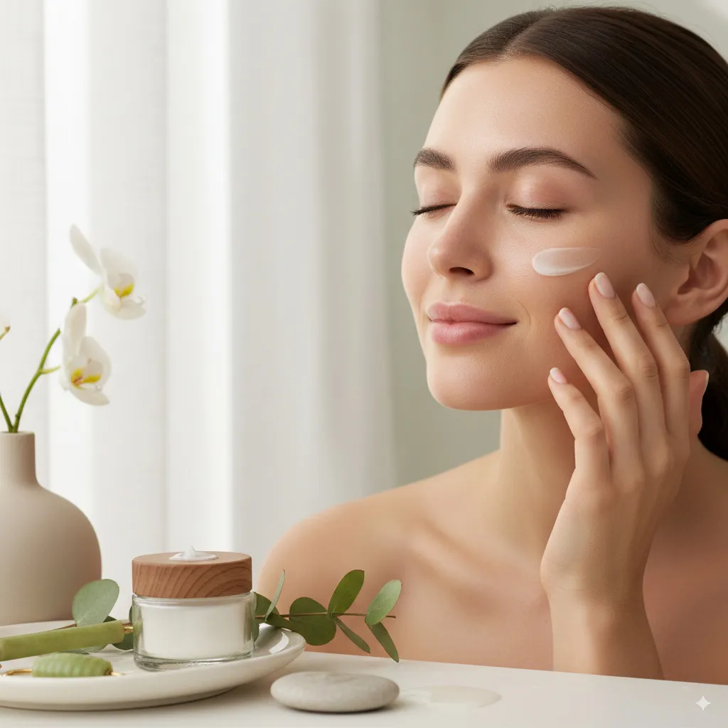 A woman with a natural, healthy glow, gently applying a high-quality skincare product to her face, surrounded by an aesthetic, calm atmosphere.