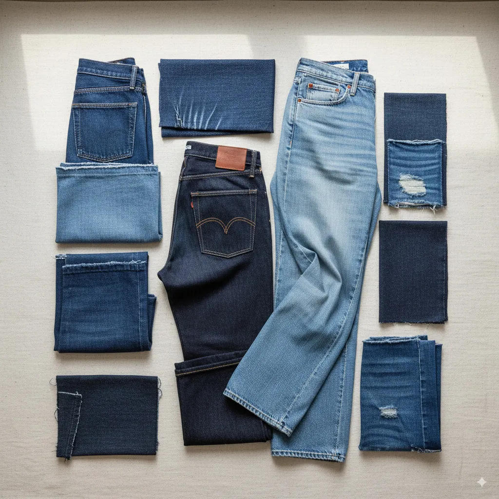 A selection of different high-quality denim fabrics and fits, artfully arranged to showcase texture and cut.