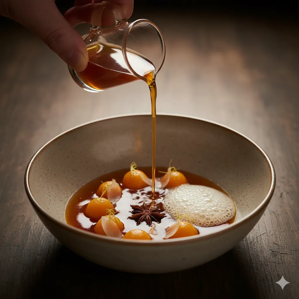 A clear, golden pumpkin essence in a bowl with small pumpkin pearls and fennel.