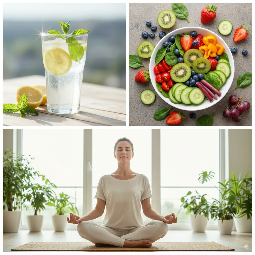 A stylish collage showing elements of a healthy lifestyle: a glass of fresh water with lemon, a bowl of colorful fruits and vegetables, a person in a relaxed yoga pose or meditating.