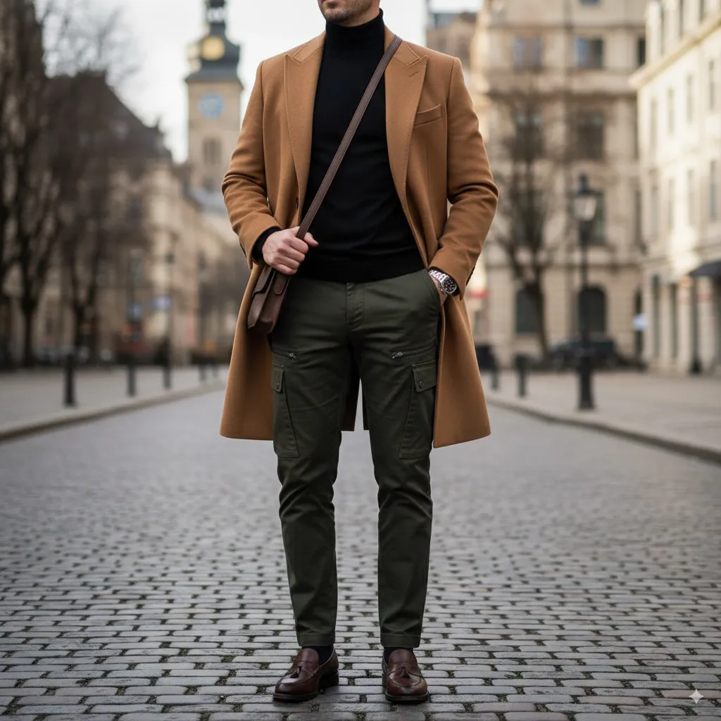 Complete 'Urban Poetry' outfit: a long camel coat, black turtleneck, refined utility trousers, and leather loafers.