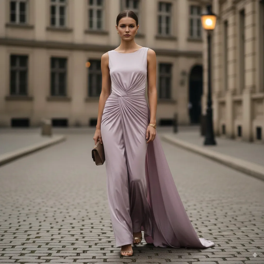 Elegant evening look: an artfully draped silk dress in a soft lavender, paired with metallic gold accessories.