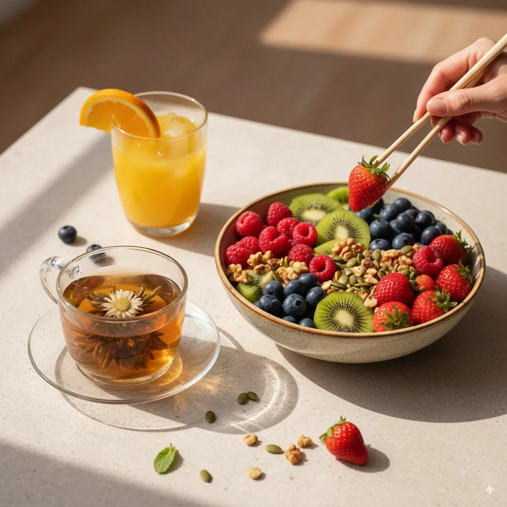 An aesthetically arranged, healthy, and colorful snack, an elegantly presented cup of herbal tea, or a glass of freshly squeezed juice.