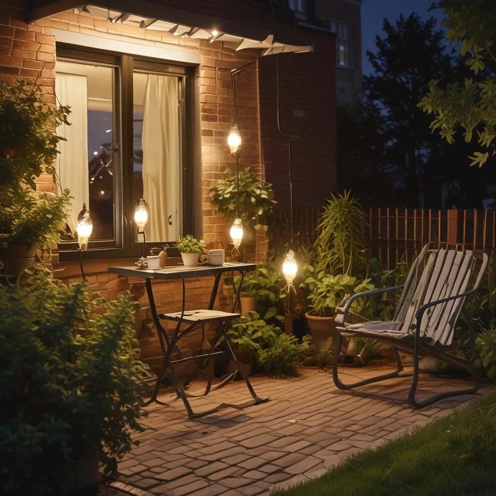 An atmospherically lit garden or balcony in the evening: solar lamps along a path, string lights over a seating area, an elegant outdoor floor lamp.