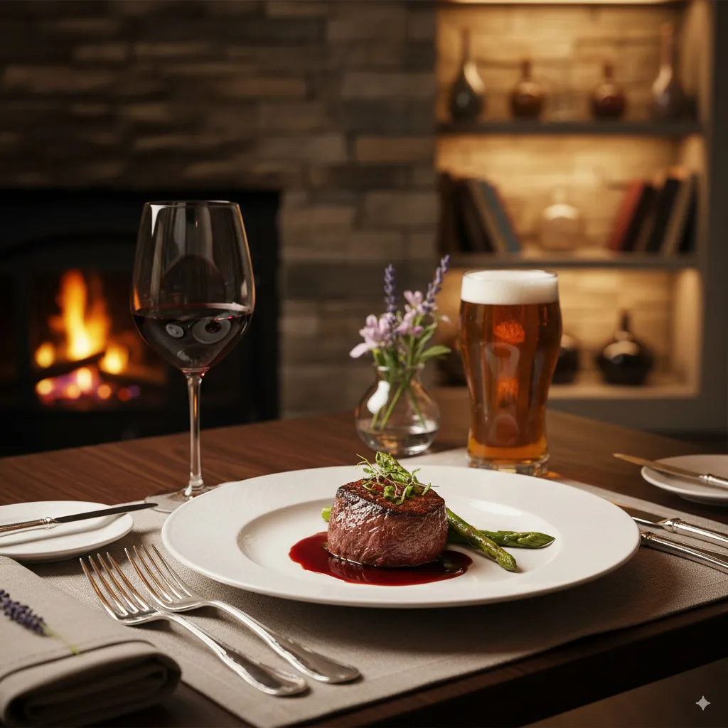 An elegantly set table with a dish and a matching glass of wine or another beverage, showing the harmony of food and drink.