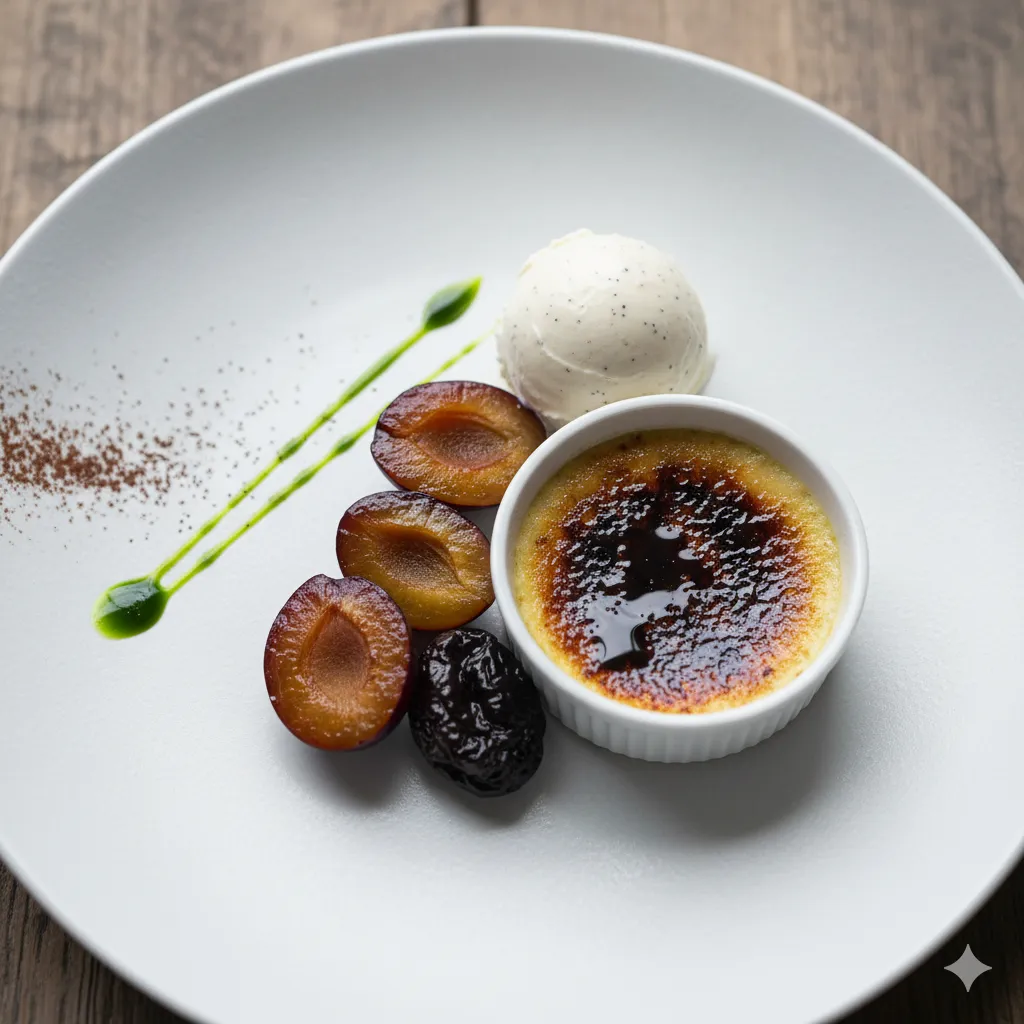An elegant dessert with plum, burnt crème, vanilla ice cream, and pumpkin seed oil.