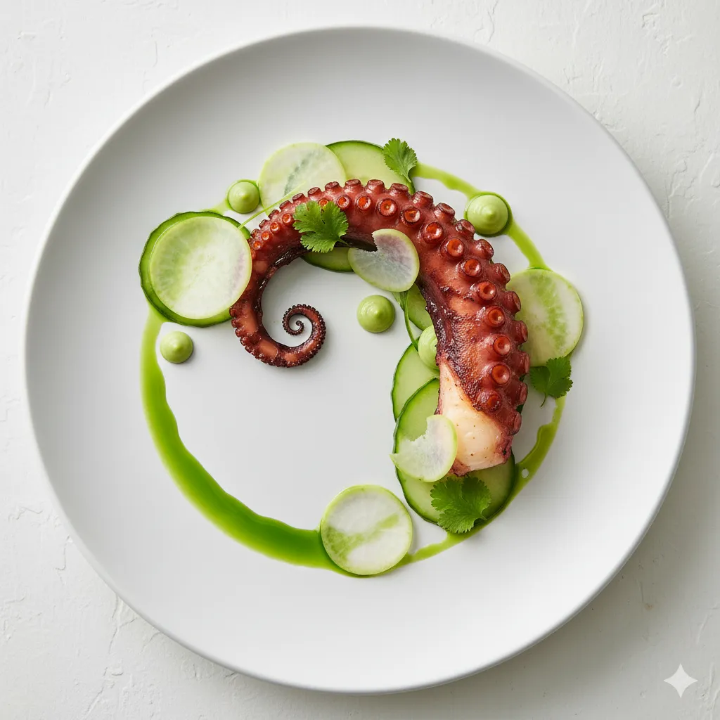 Tender octopus artfully arranged with cucumber ribbons, wasabi cream, and kohlrabi slices.