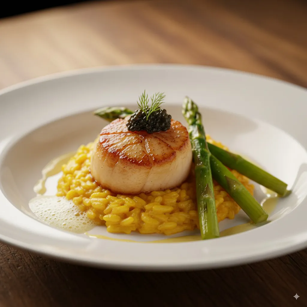An artful plating of saffron risotto with caramelized scallops and green asparagus. The photograph masterfully captures the vibrant play of colors from the sunny saffron, golden-brown scallops, and crisp green asparagus, emphasizing the seductive, contrasting textures of the stylishly arranged dish.