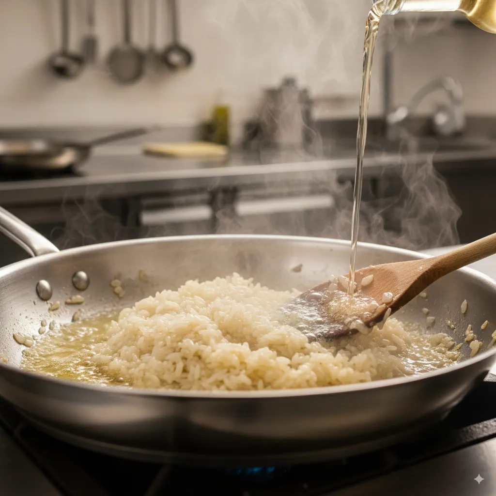 Dynamic close-up of the sautéing process: risotto rice turning gently translucent in butter and shallots, releasing its aroma before being deglazed with white wine.
