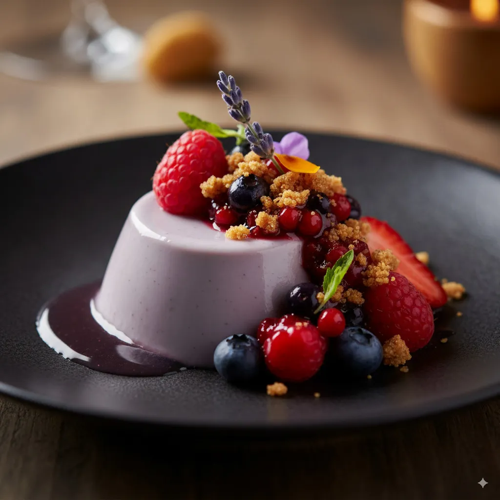 An exquisite dessert creation: Delicately melting Lavender Panna Cotta, masterfully staged with a vibrant compote of select berries and a textural, crispy almond crumble.