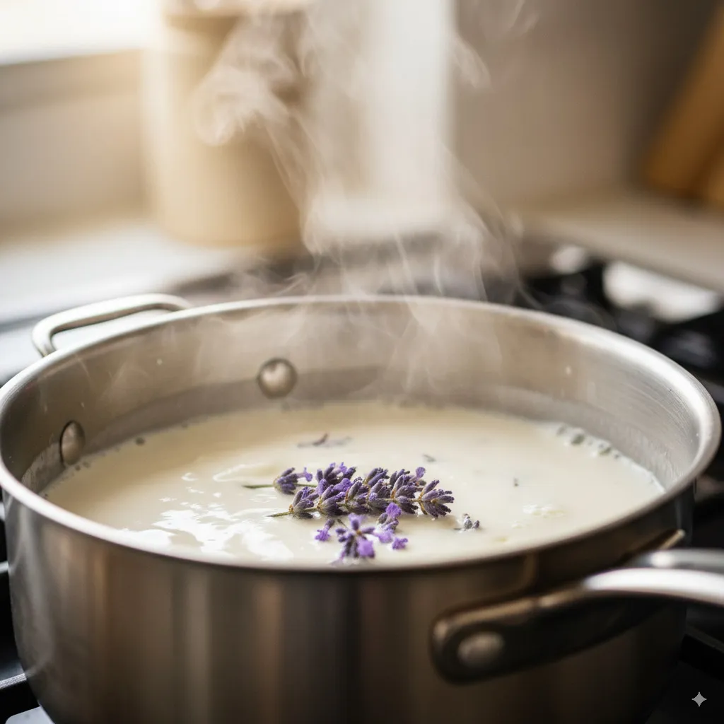 Close-up of cream being heated with lavender in a saucepan, showing the gentle steaming process as the floral notes infuse into the cream.