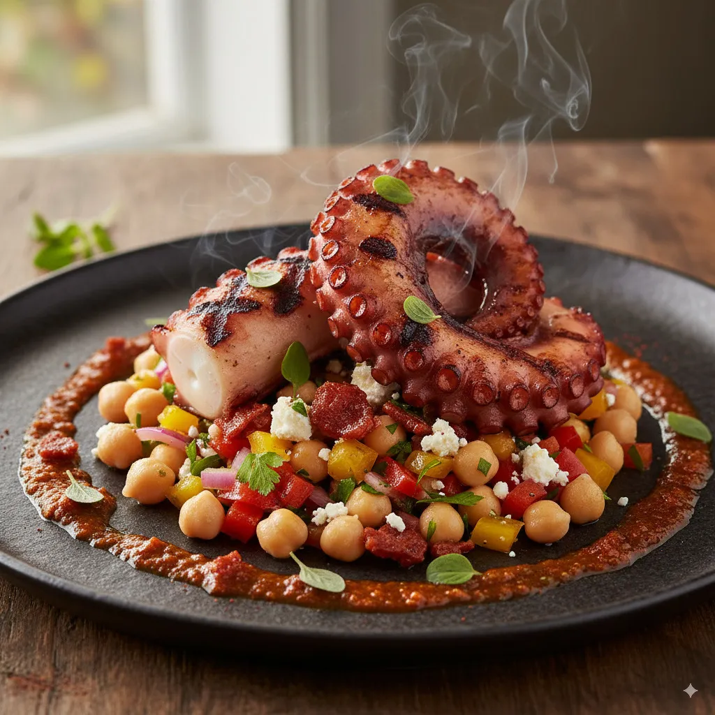 A dish that combines rustic charm with elegant finesse: Tender grilled octopus with fine roasted aromas, harmoniously placed on a vibrant, Mediterranean chickpea salad, and finished with a characterful chorizo vinaigrette.