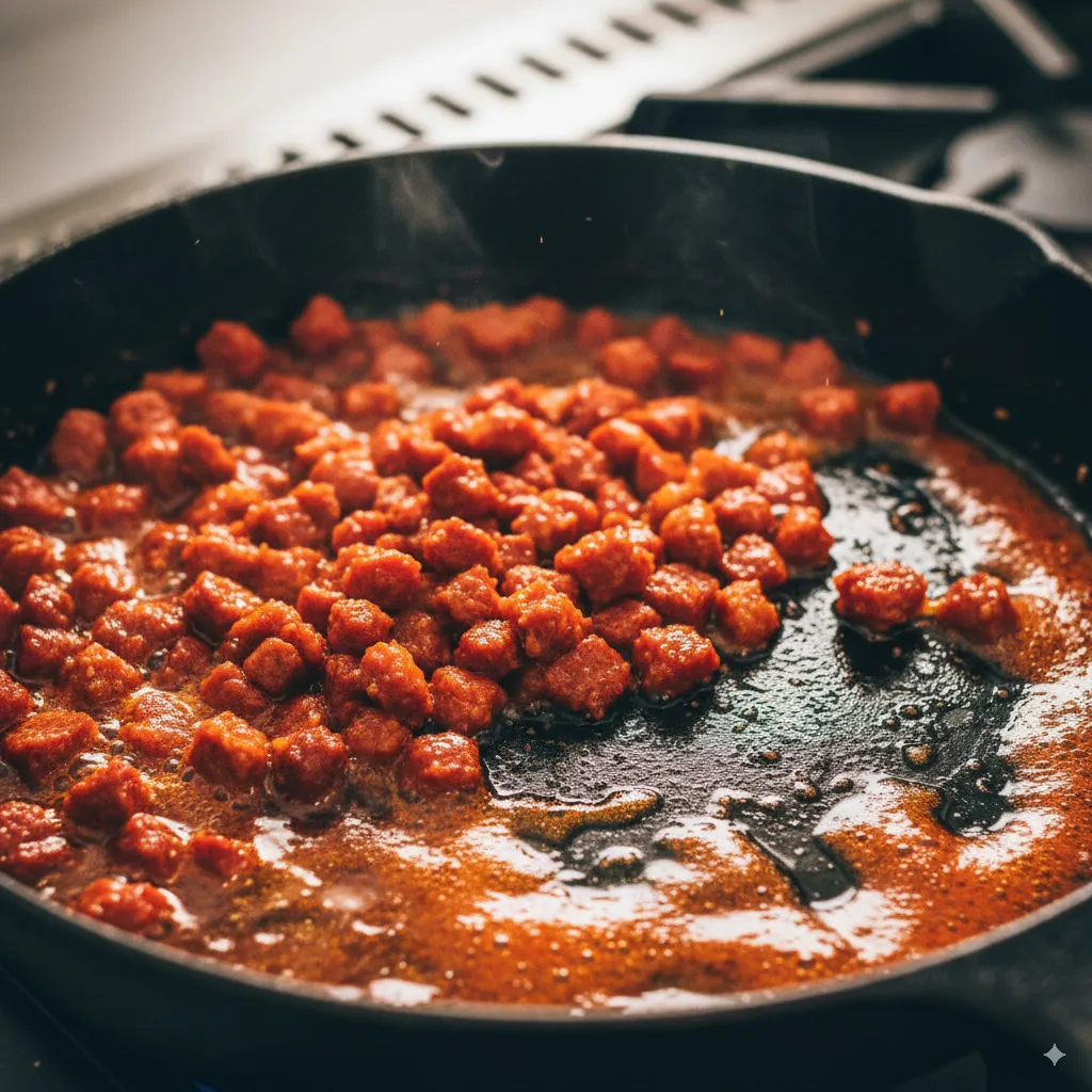 Close-up of diced chorizo sizzling in a pan, rendering its spicy red oil that will form the base of the vibrant chorizo vinaigrette.