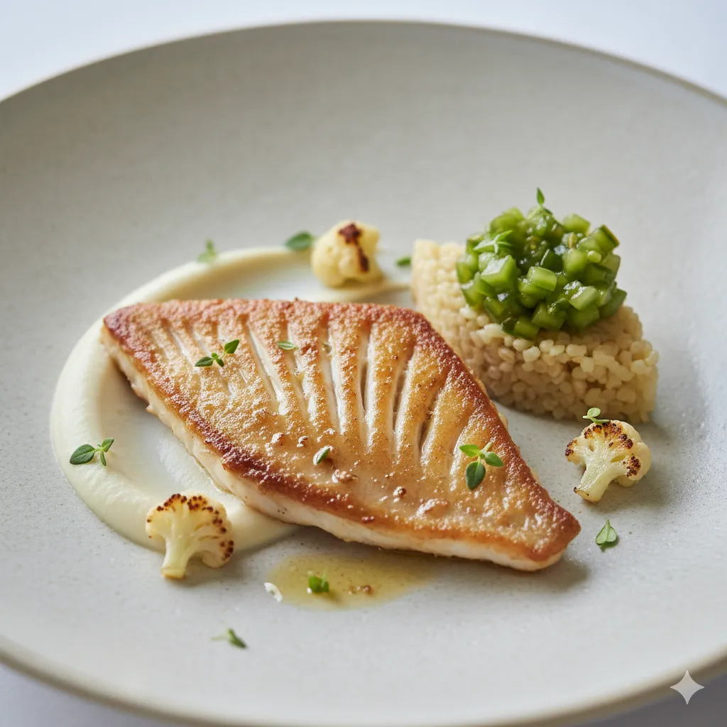 Elegant skate wing on cauliflower purée with Green Zebra tomato tartare and bulgur.