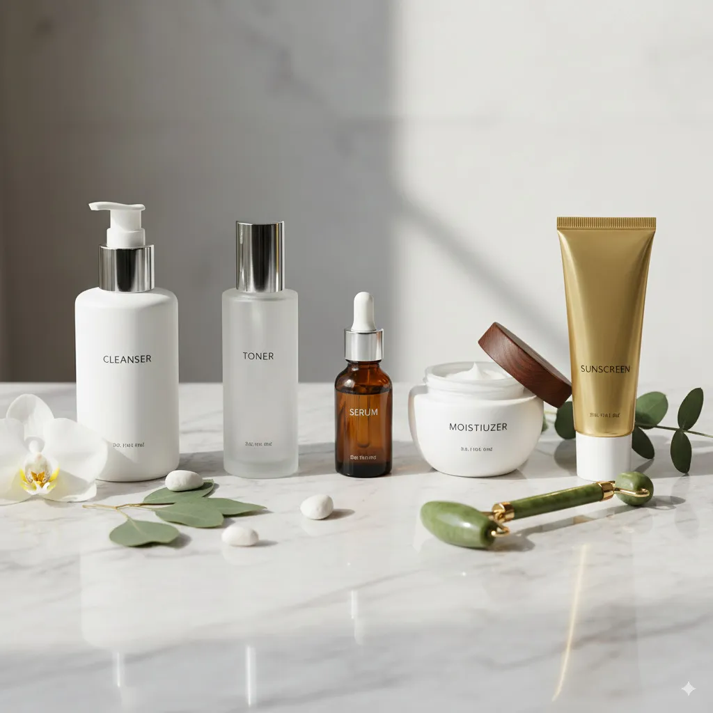 An elegant arrangement of high-quality skincare products—cleanser, toner, serum, moisturizer, sunscreen—on a sophisticated surface.