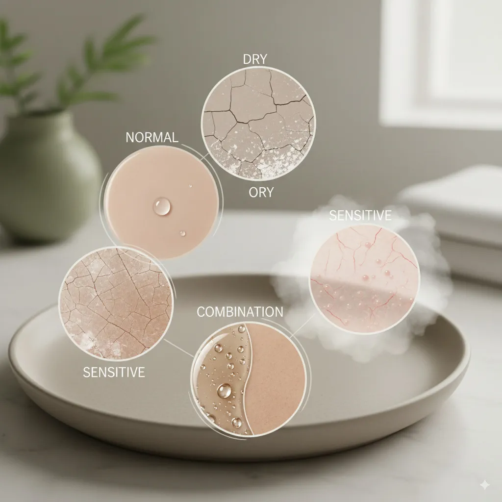 An aesthetic depiction of different skin textures or symbols representing normal, dry, oily, combination, and sensitive skin.