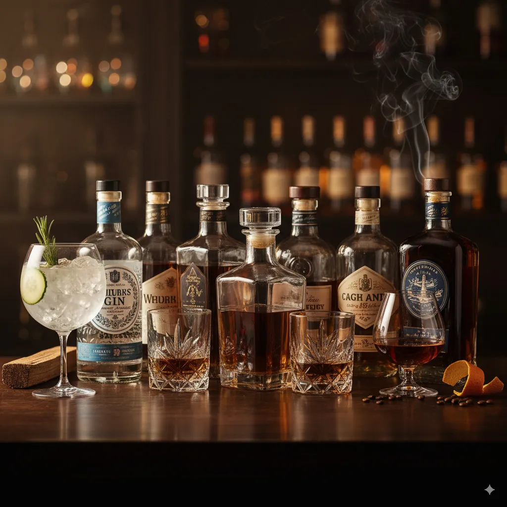 A selection of high-quality spirit bottles (e.g., gin, whisky, rum, cognac) stylishly arranged, possibly with matching glasses or typical garnishes.
